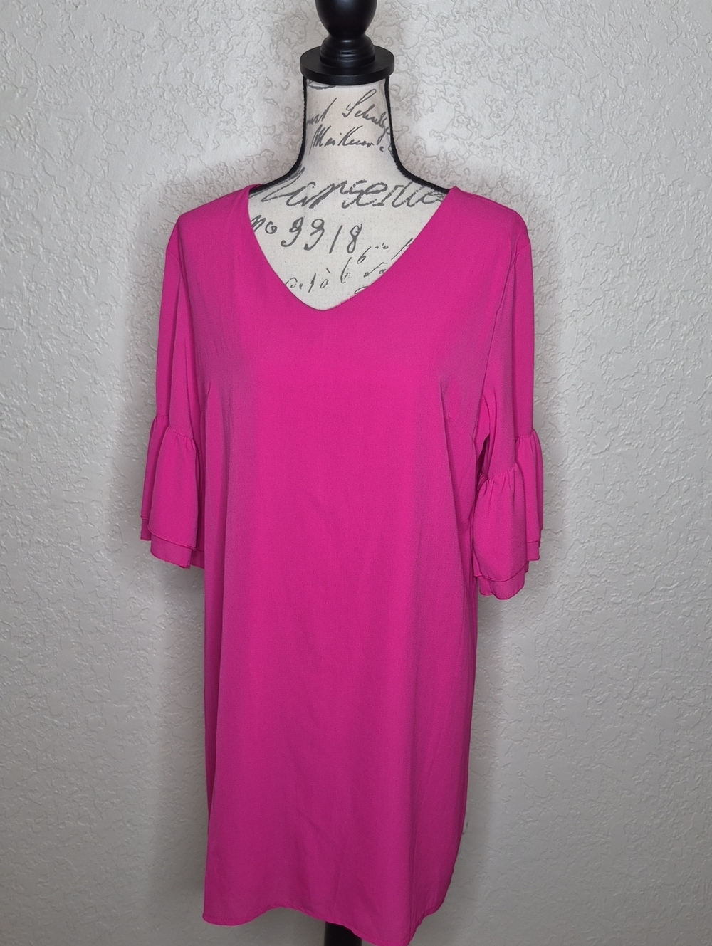 Simple Fun Shift Dress‎ With Ruffle Sleeves Pink Size L